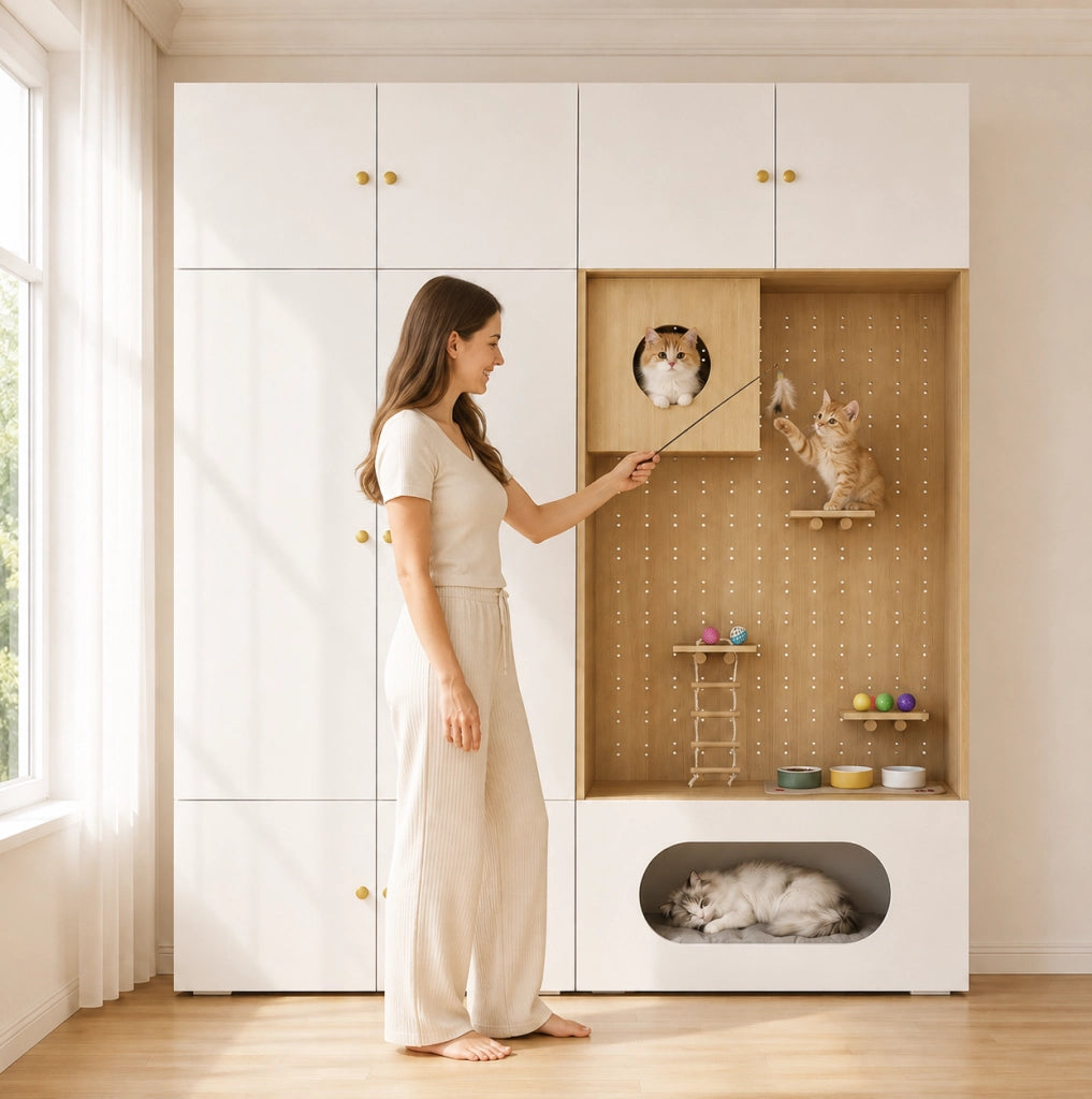 Armadio multifunzione 2-in-1 con parete arrampicata per gatti, 180x50x200 cm, bianco e effetto legno