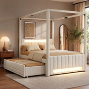 Letto a baldacchino imbottito 140x200 cm per adulti con letto estraibile; LED e 3 cassetti; lino beige