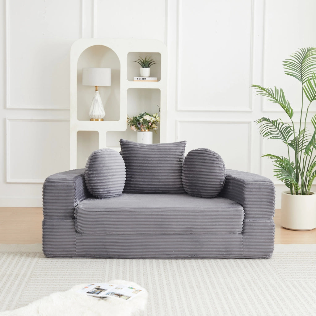 Divano letto 4-in-1 in tessuto a coste, convertibile in chaise longue rotonda, ideale per spazi compatti