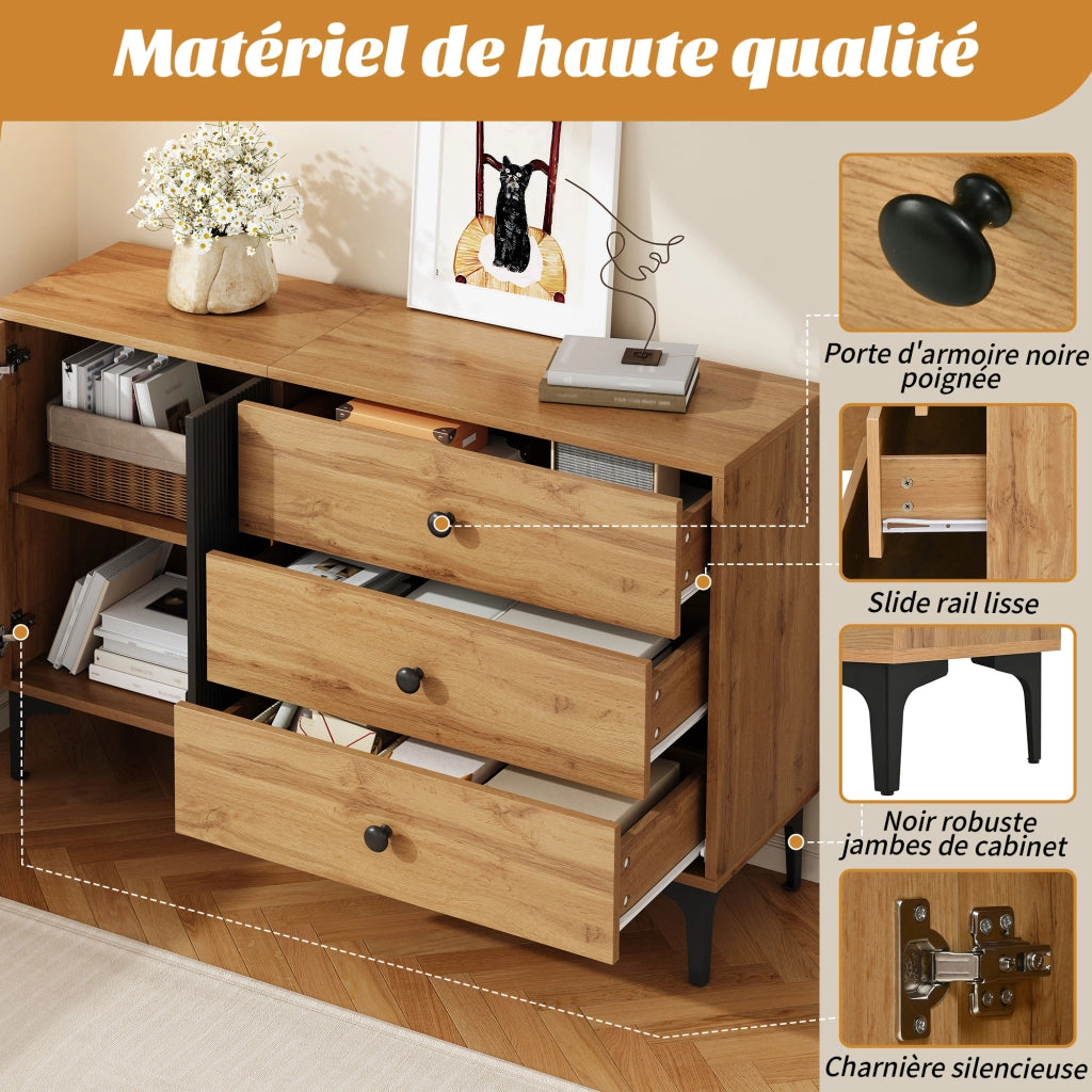 OKWISH Credenza con 1 Anta e 3 Cassetti, Piedini in Metallo, per Soggiorno e Sala da Pranzo, Nero e Naturale, 120 x 35 x 76 cm