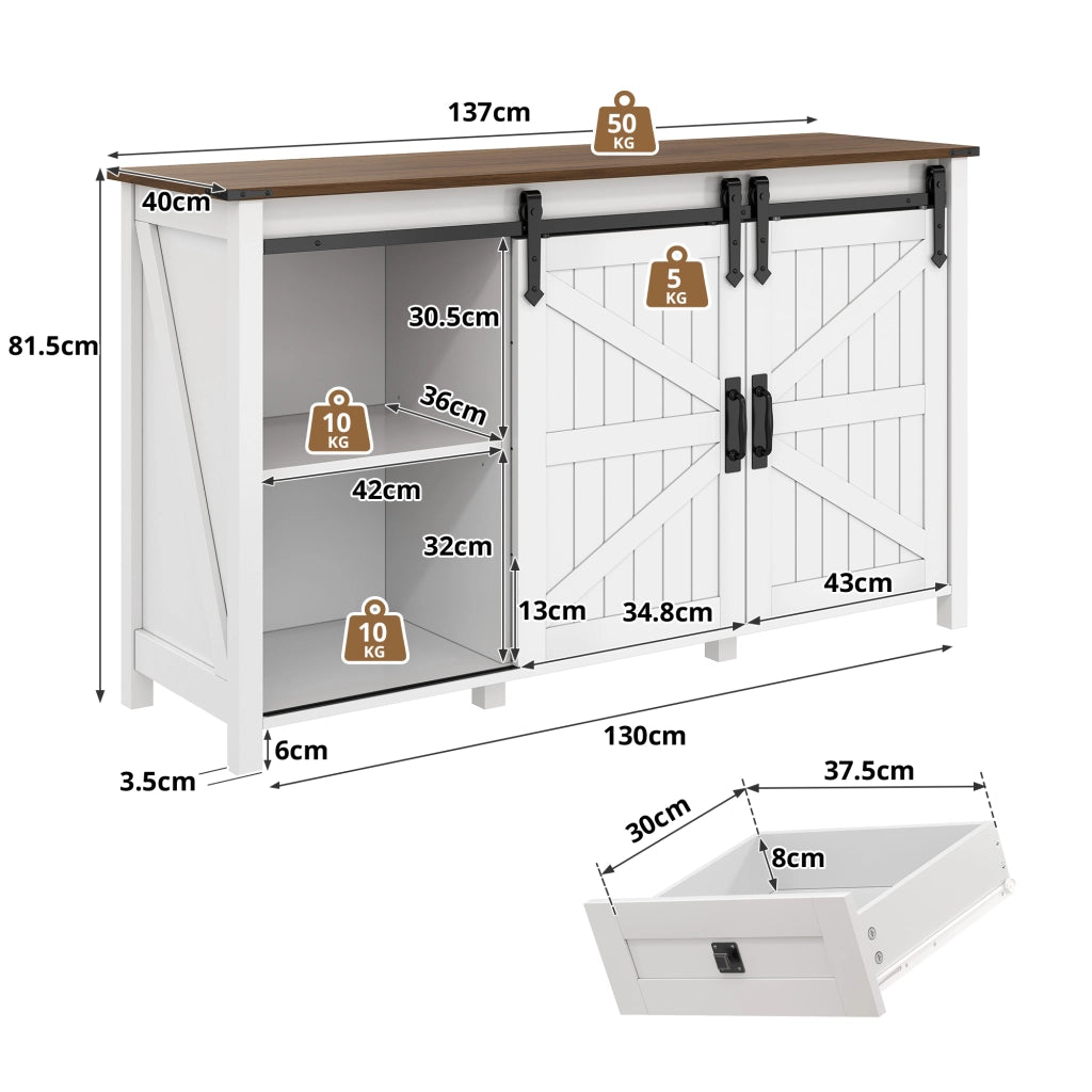 Credenza con 2 ante scorrevoli e 4 cassetti; mobile contenitore in MDF per cucina; sala da pranzo e soggiorno; bianco; 137 × 40 × 81.5 cm
