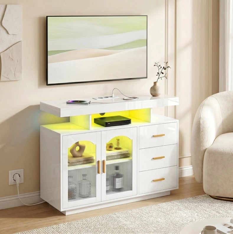 Madia bianca lucida con LED RGB, prese e 3 cassetti