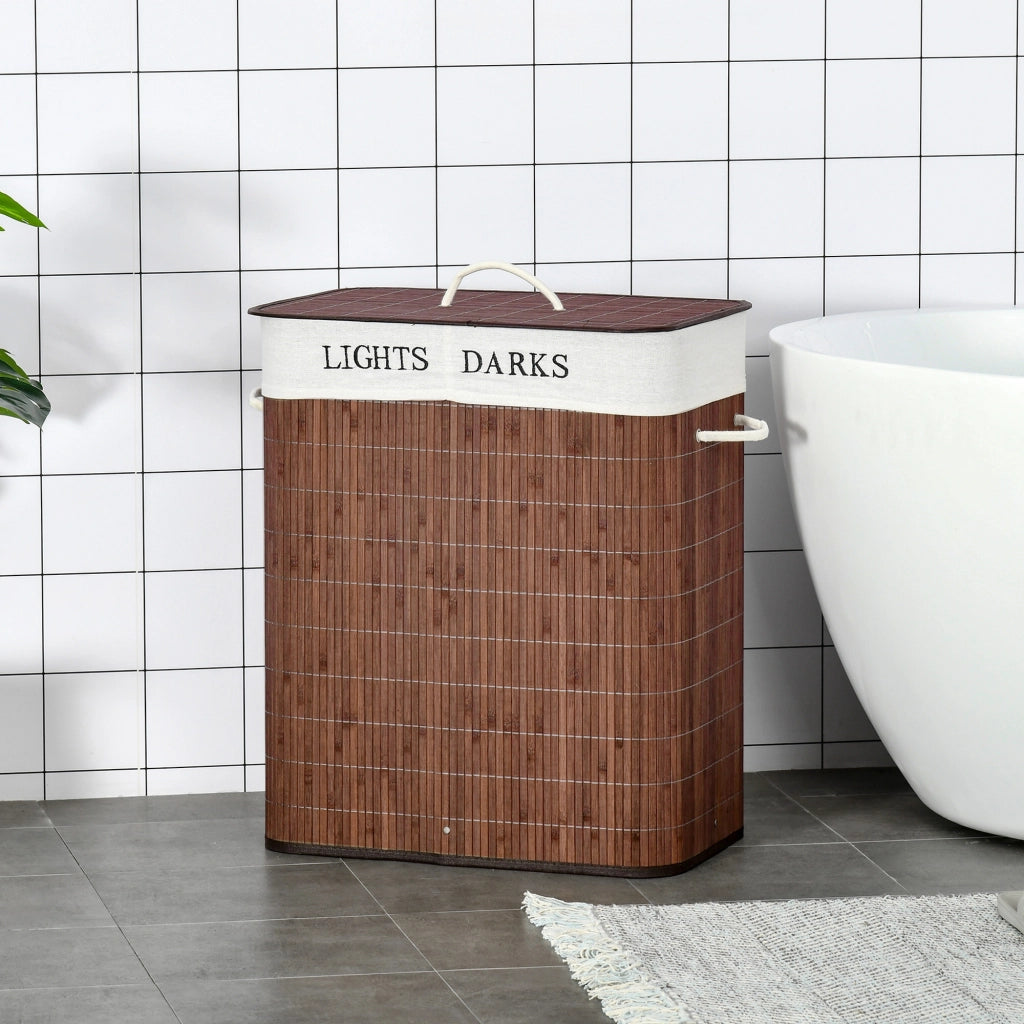 EasyComfort Cesto per Biancheria Bambù da 100L con 2 Scomparti, Coperchio e Maniglie, 52x32x63cm