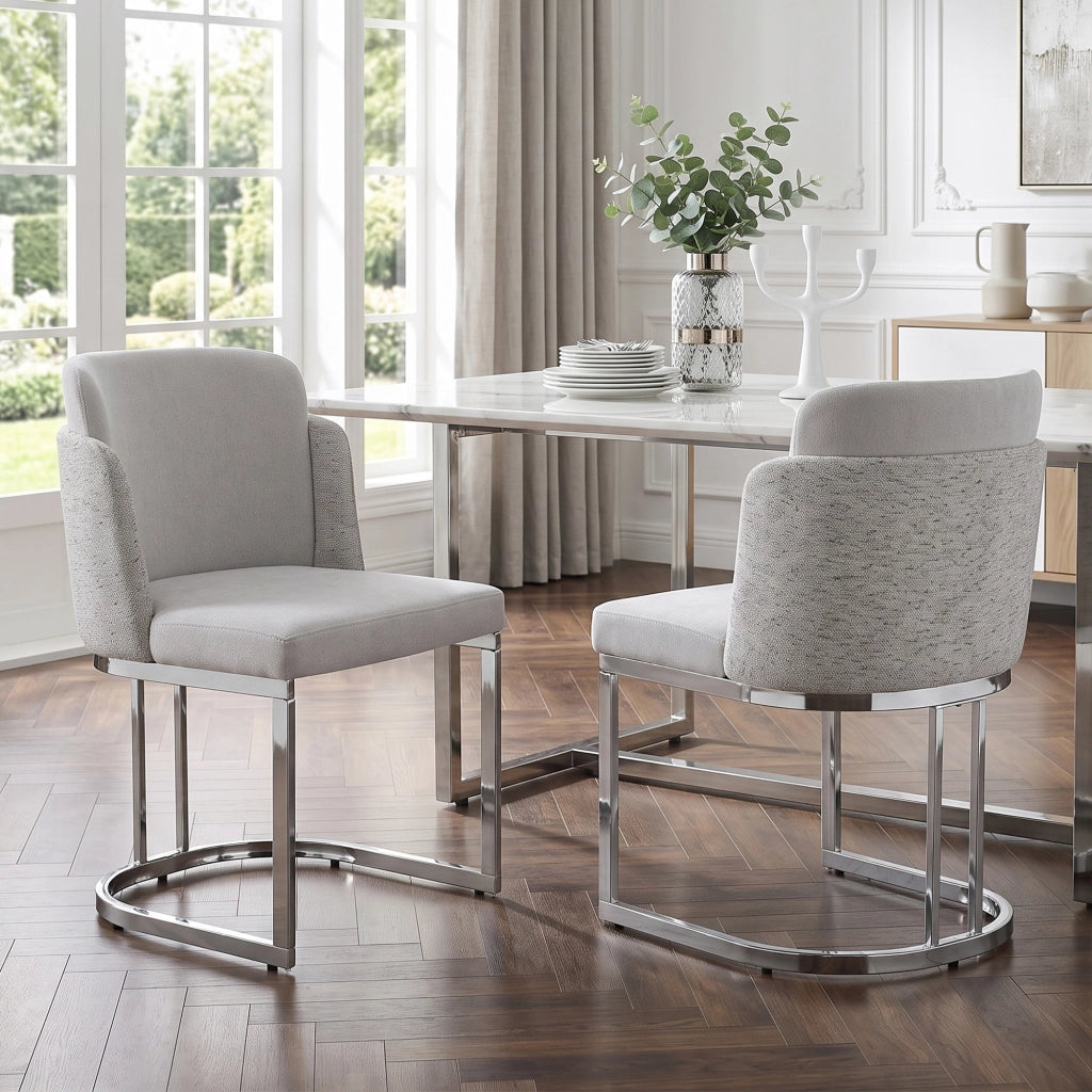 Set di 4 sedie da pranzo in chenille grigio chiaro con gambe in metallo argento