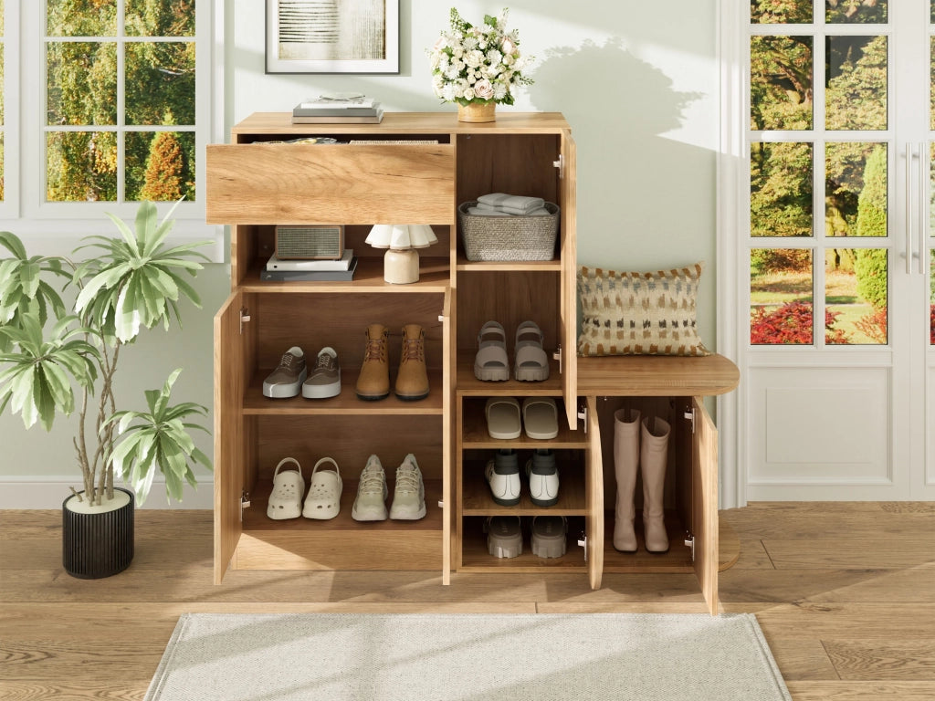 Scarpiera moderna con panca, 1 cassetto, 5 ante e ripiano aperto, grande capacità per ingresso, colore naturale, 130 × 35 × 110,5 cm