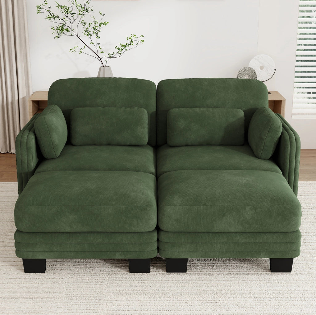 Divano modulare in ciniglia verde con pouf e cuscini; 176x143x88 cm