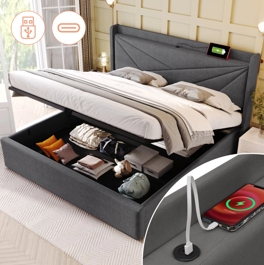 Letto matrimoniale 140x200 con contenitore, USB-C e materasso