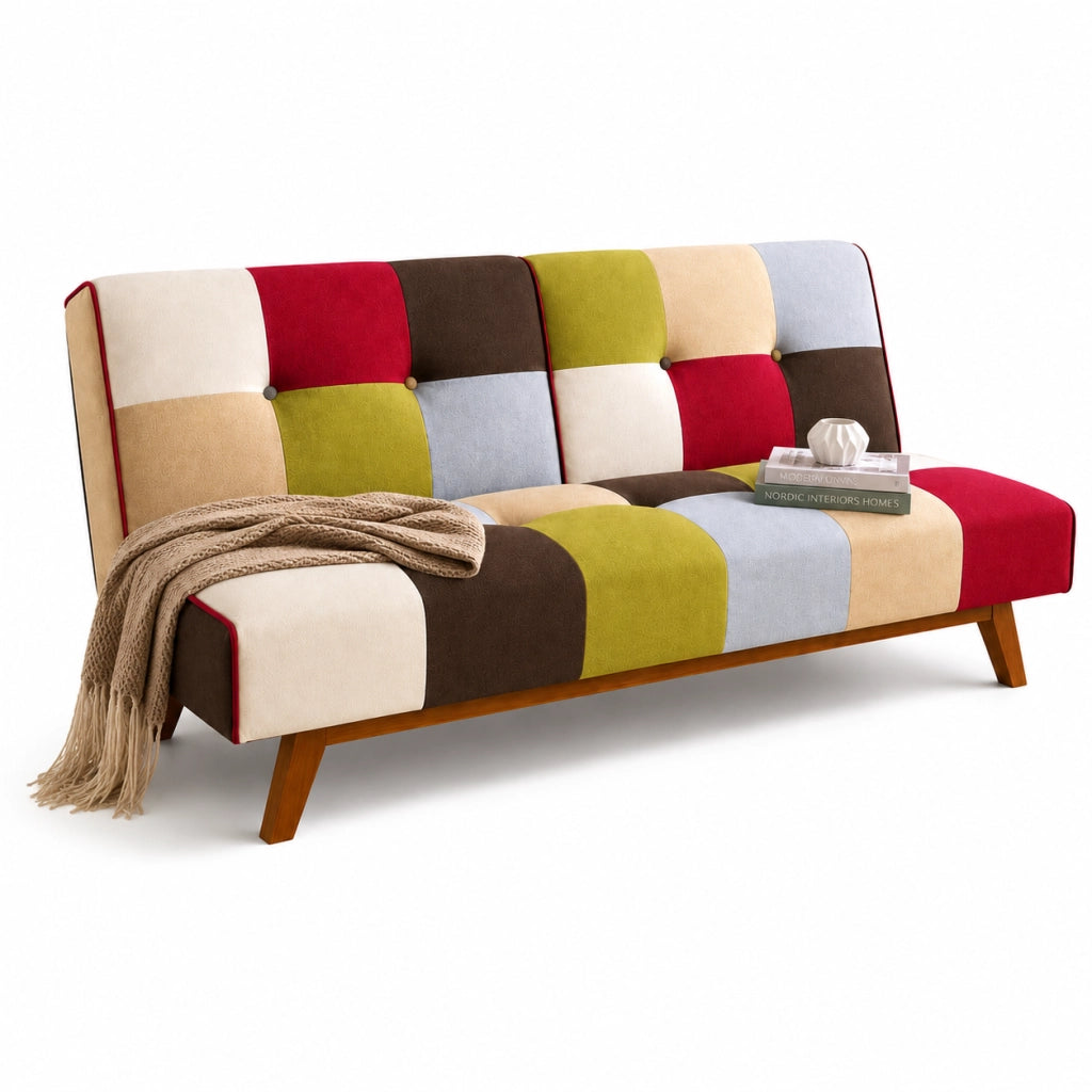 Divano Letto 2/3 Posti Click Clack in Tessuto Patchwork Reclinabile Gambe in legno
