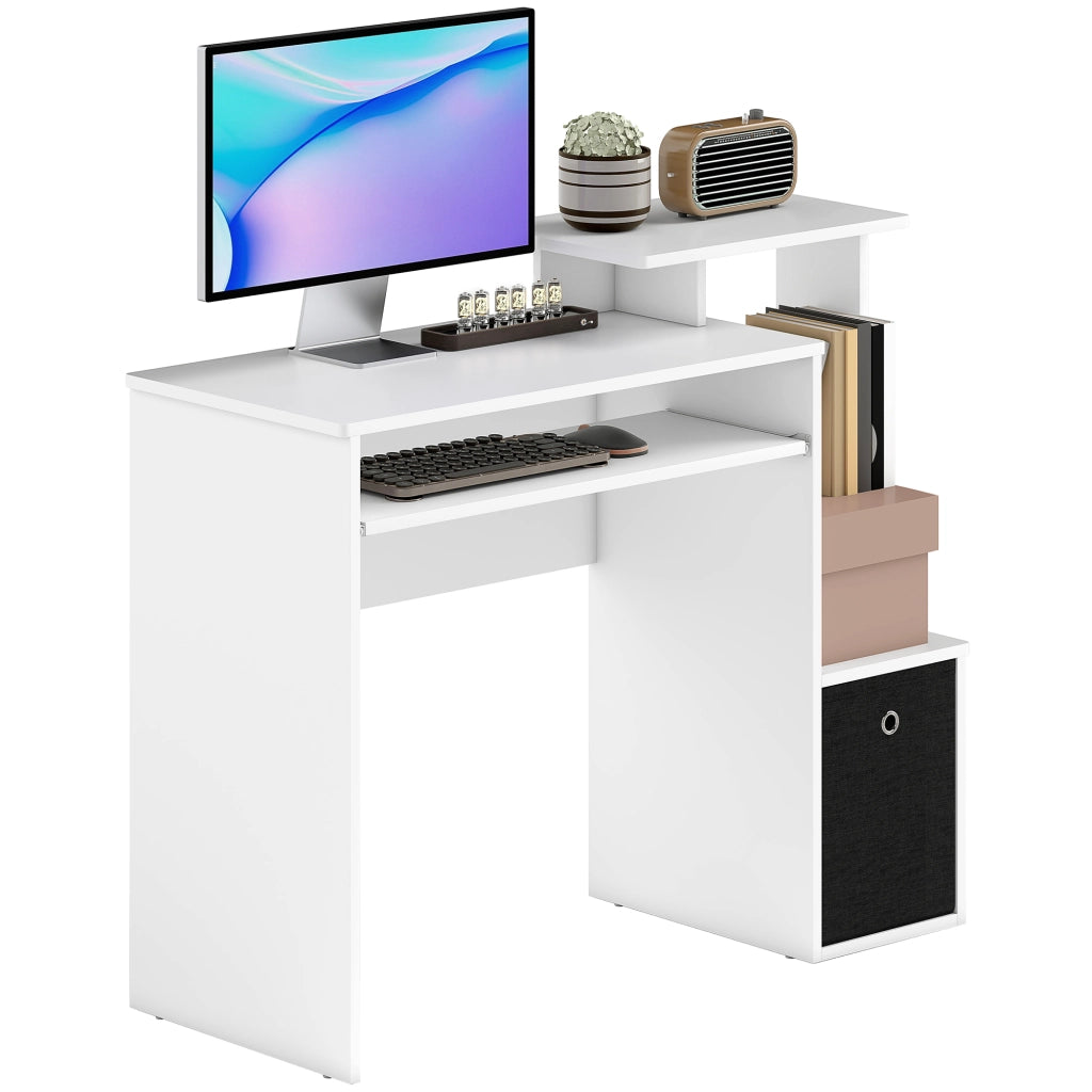Scrivania Moderna con Mensola per Tastiera e Cassetto in Tessuto, 100x40x86.6cm, Bianco e Nero