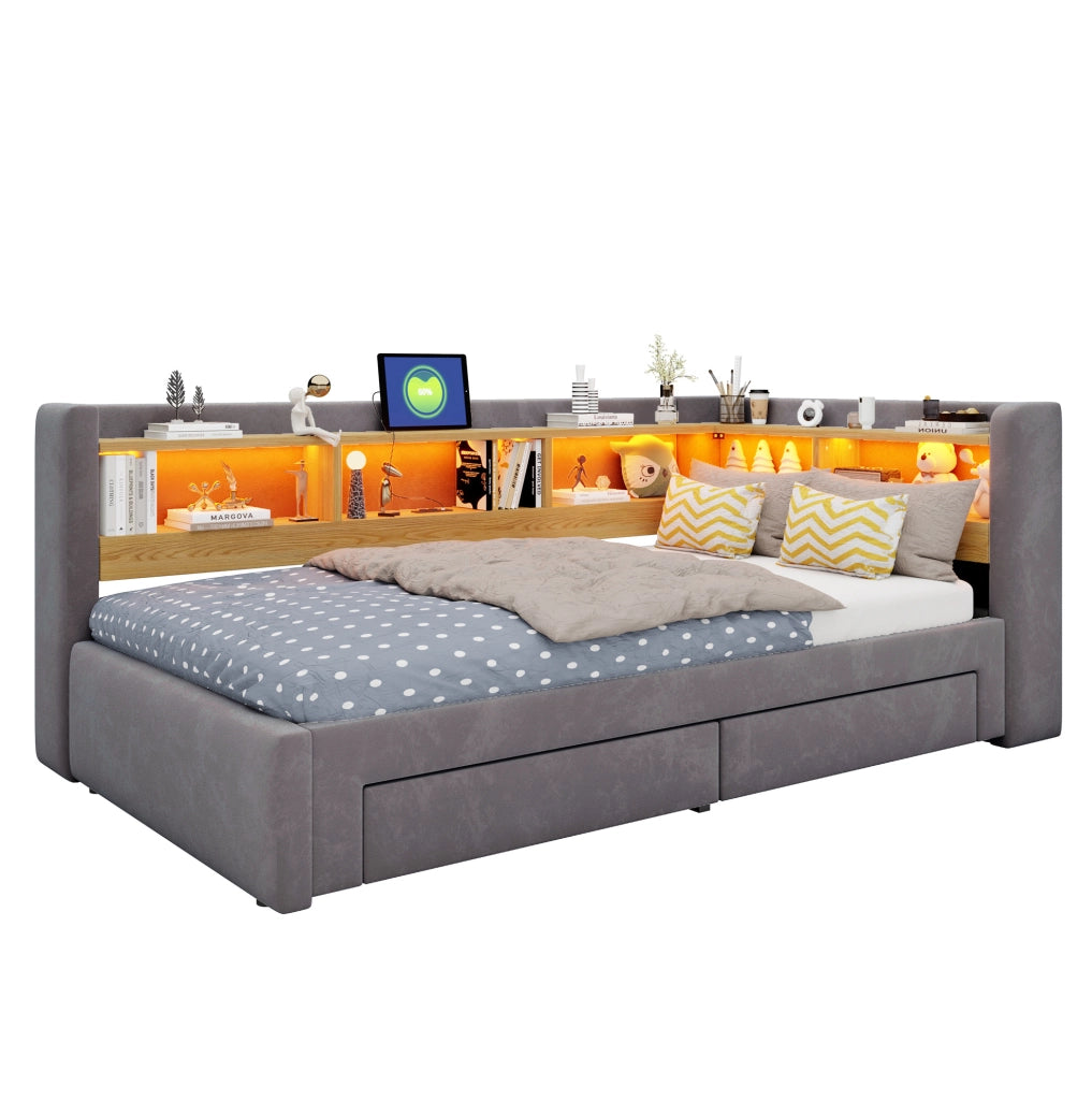 LETTO Divano 90x200 cm Estraibile 180x200 cm Grigio con LED e Presa