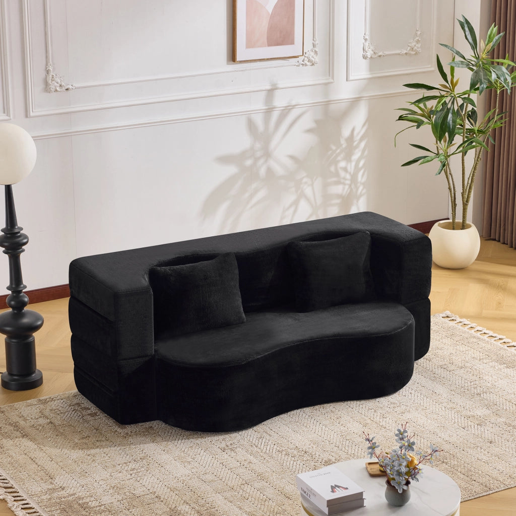 Divano letto pieghevole 2 in 1 in schiuma ad alta densità nero con 2 cuscini e rivestimento in peluche corto