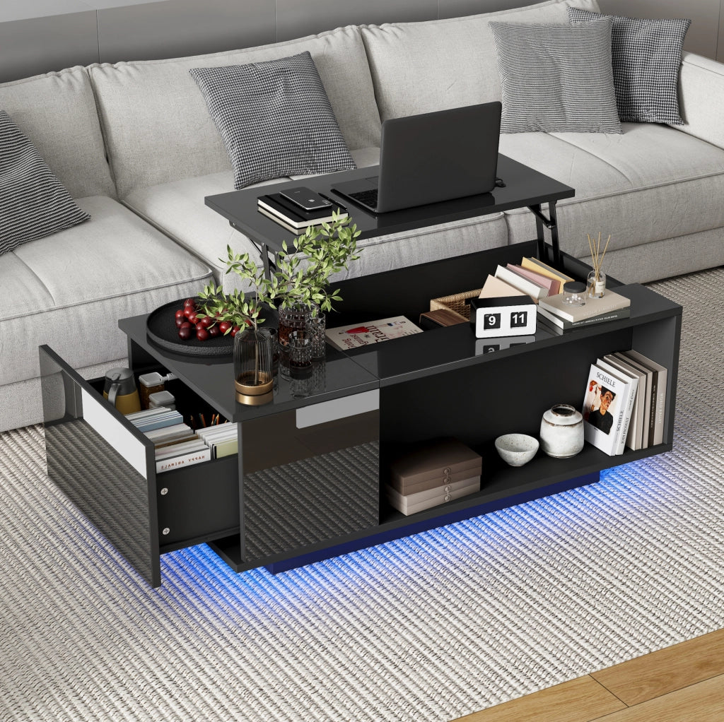 Tavolino da caffè elevabile 100 x 50 x 40 cm con vano nascosto; cassetto e LED Bluetooth nero