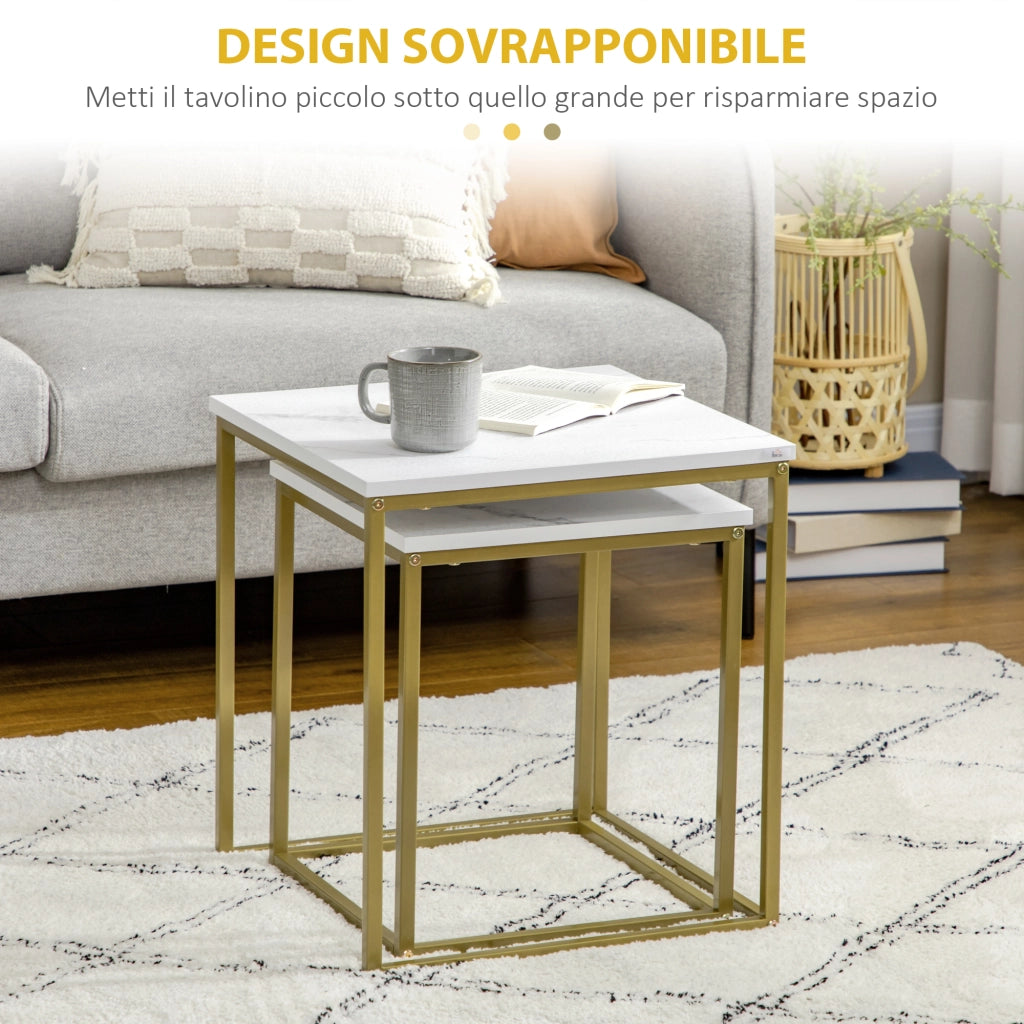 Set 2 Tavolini da Salotto Impilabili ¨C Xylo ¨C Piano Truciolato Bianco Oro Struttura Acciaio