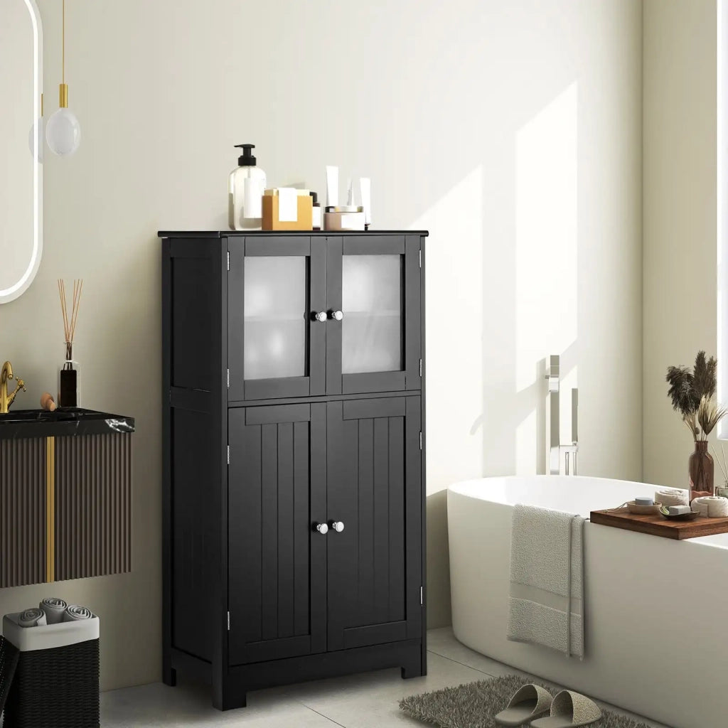 Mobile Alto da Bagno a Colonna in Legno MDF e Vetro Nero con Ante e Ripiano Regolabile Salvaspazio per Casa