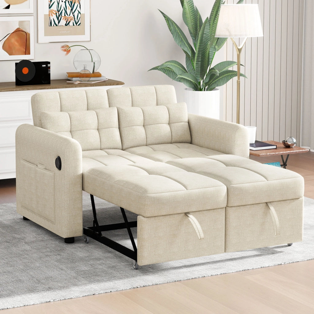 Divano letto 2 posti 3 in 1 beige in tessuto effetto lino con schienale regolabile; USB e tasche