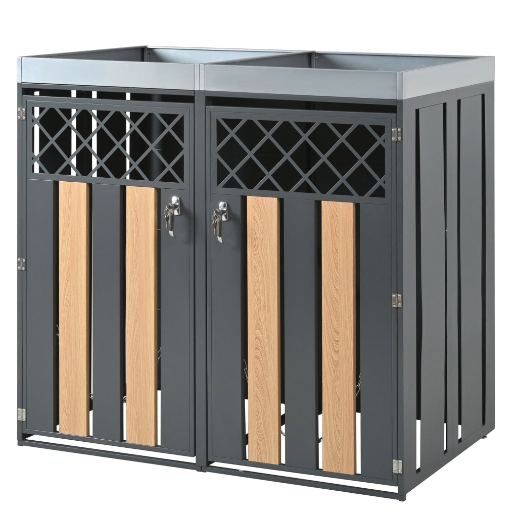 Armadio per bidoni raccolta differenziata con fioriera integrata, struttura in acciaio zincato, design con ventilazione a rombi e finitura effetto legno, chiudibile a chiave