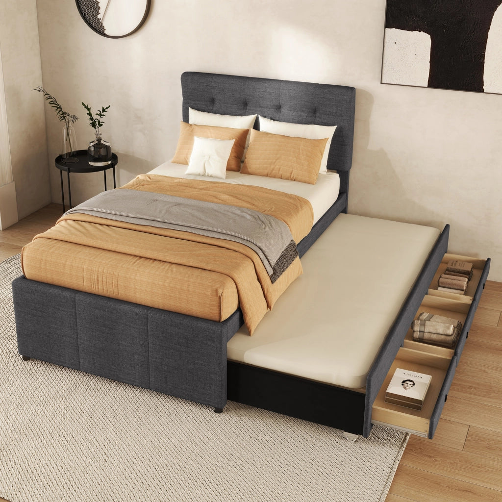 Letto singolo imbottito estraibile con tre cassetti testiera regolabile in lino grigio