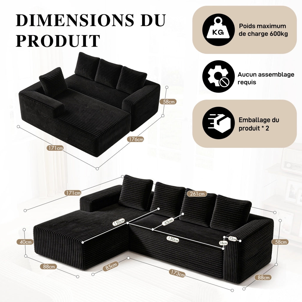 Divano modulare a forma di l con chaise longue reversibile in velluto a coste nero 261.0 × 168.0 × 58.0 cm 2 moduli
