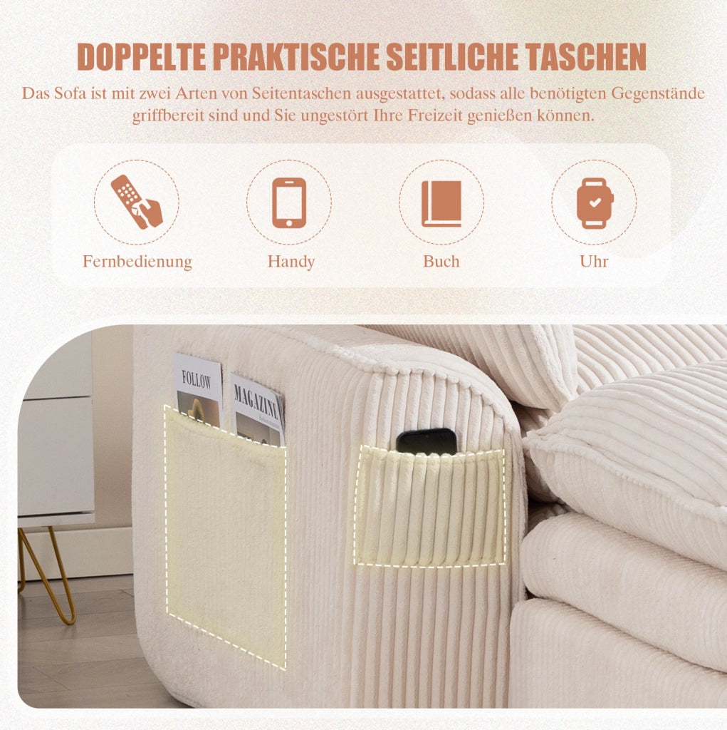 Divano modulare in velluto a coste beige con tasche laterali e cuscini