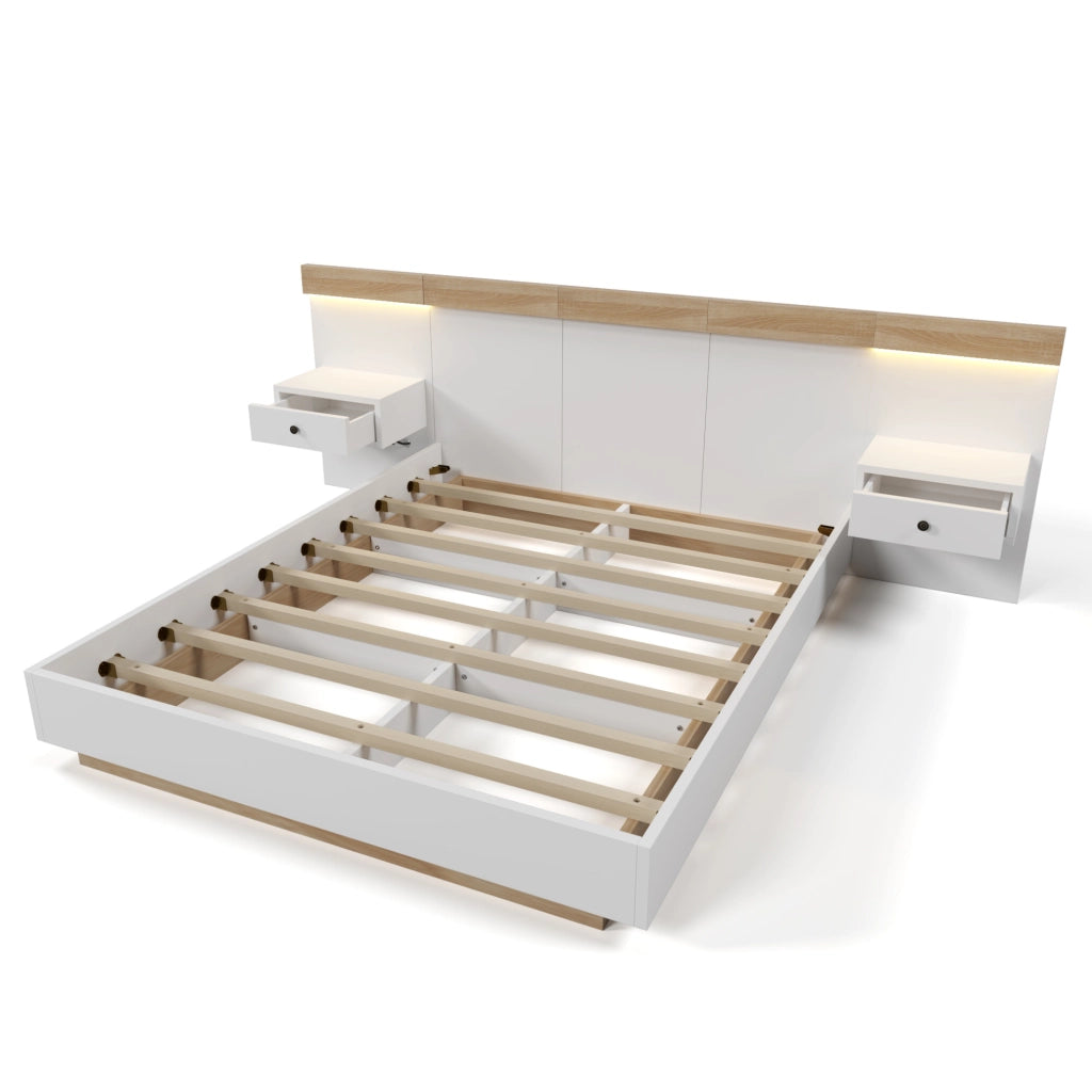 Letto 140x200 cm con 2 comodini LED, USB e USB-C in legno ingegnerizzato bianco e rovere Sonoma