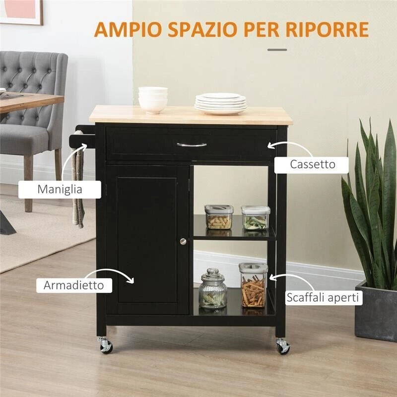 CARRELLO DA CUCINA IN LEGNO CON CASSETTO 83X45X88 CM NERO