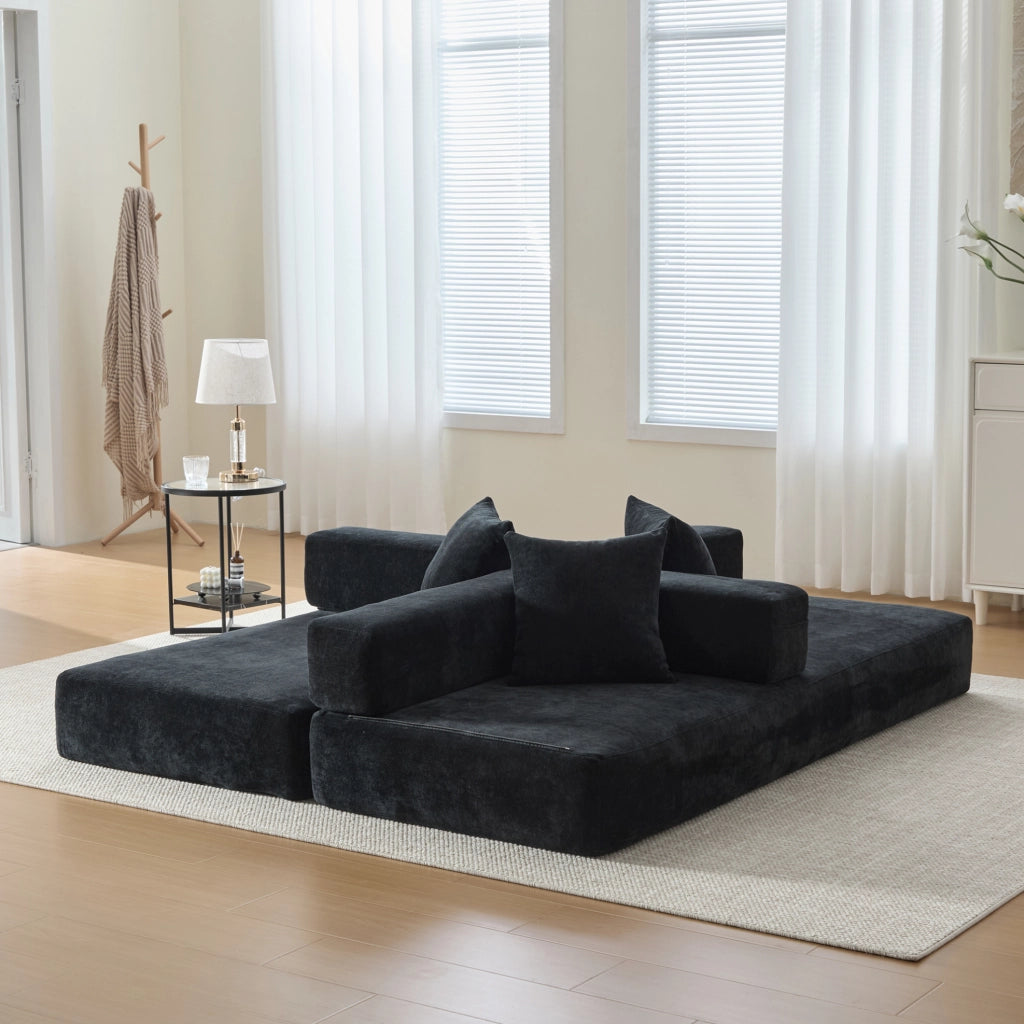 Divano modulare componibile in chenille nero 198x79x60 cm