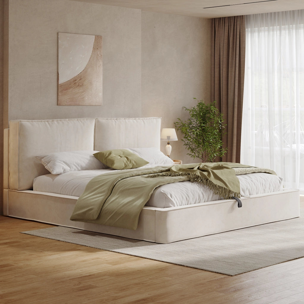 Letto matrimoniale imbottito 180x200 cm con rete a doghe; testiera imbottita; ciniglia; beige