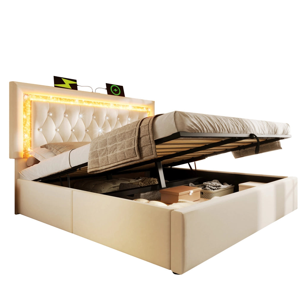 Letto imbottito 160x200 cm in velluto con LED, USB e contenitore