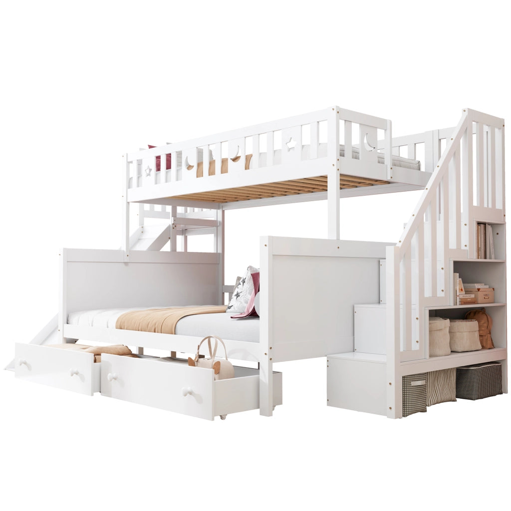 Letto a castello per bambini con scivolo, in legno bianco, con scala, 2 cassetti e rete a doghe, 90 x 200 / 140 x 200 cm