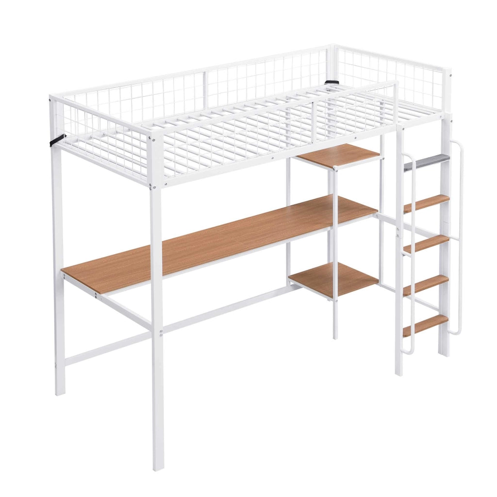 Letto a soppalco 90x200 cm bianco e naturale; metallo e MDF; scrivania; ripiani e scala a 5 gradini