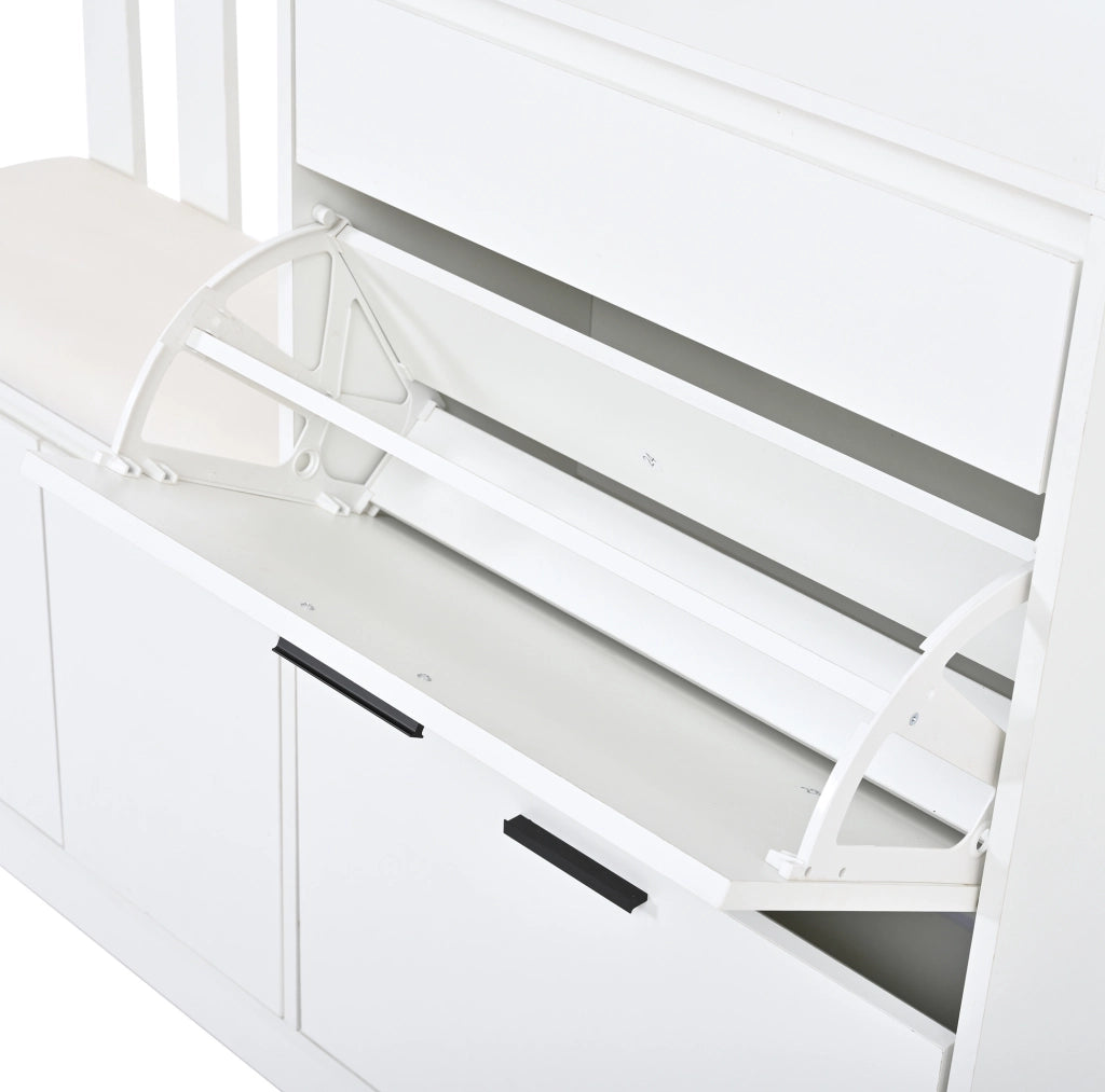 Guardaroba da ingresso multifunzionale 120x30x200 cm in MDF bianco con panca imbottita, 2 ribalte porta scarpe, 1 cassetto, 2 ante e 10 appendini, capacità 30 kg