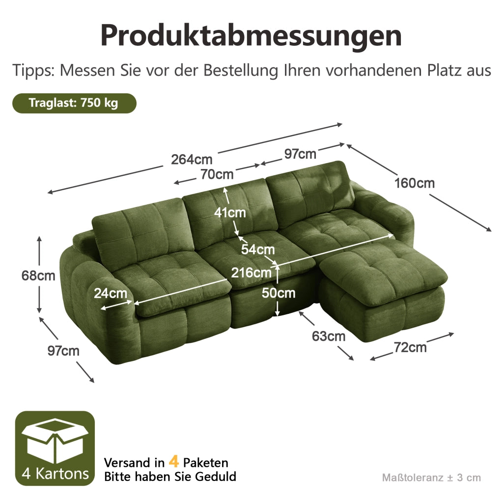Divano modulare angolare 3 posti - con pouf coordinato - per soggiorno - in chenille verde
