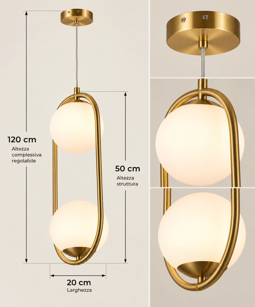 Lampadario a Sospensione Oro con 2 Sfere Opaline in plastica G9 – Design Moderno