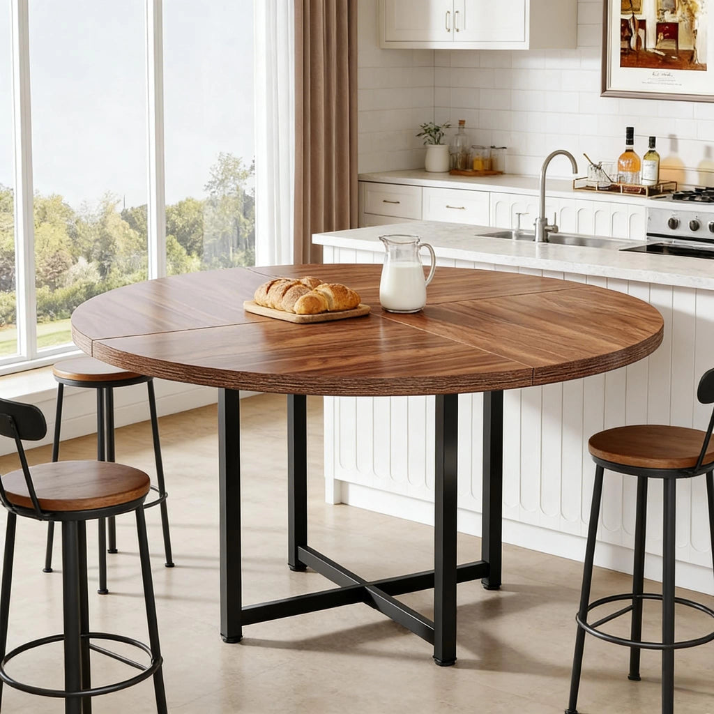 Tavolo da pranzo rotondo da 4 a 6 persone, stile industriale, in metallo e legno, nero e marrone, diametro 120 cm