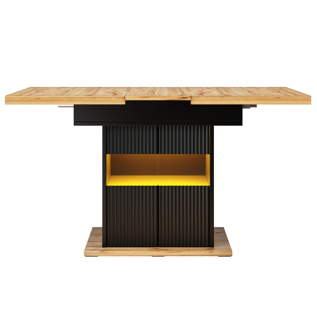 Tavolo da pranzo allungabile 110-140x80 cm con vano contenitore LED; MDF nero effetto legno