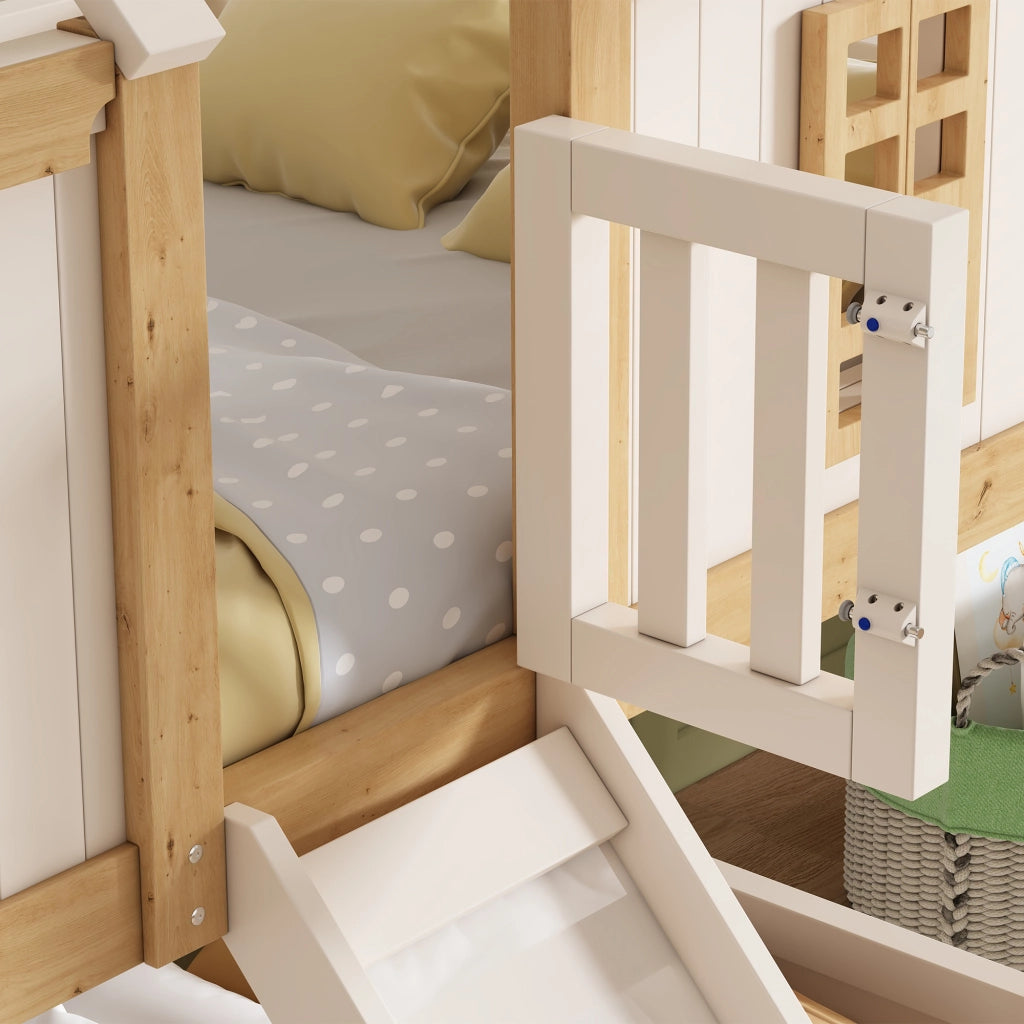 Letto a castello a casetta per bambini 90 x 200 cm; con scivolo; scala flessibile; protezione anticaduta a 360  ; finestra; struttura in legno; bianco