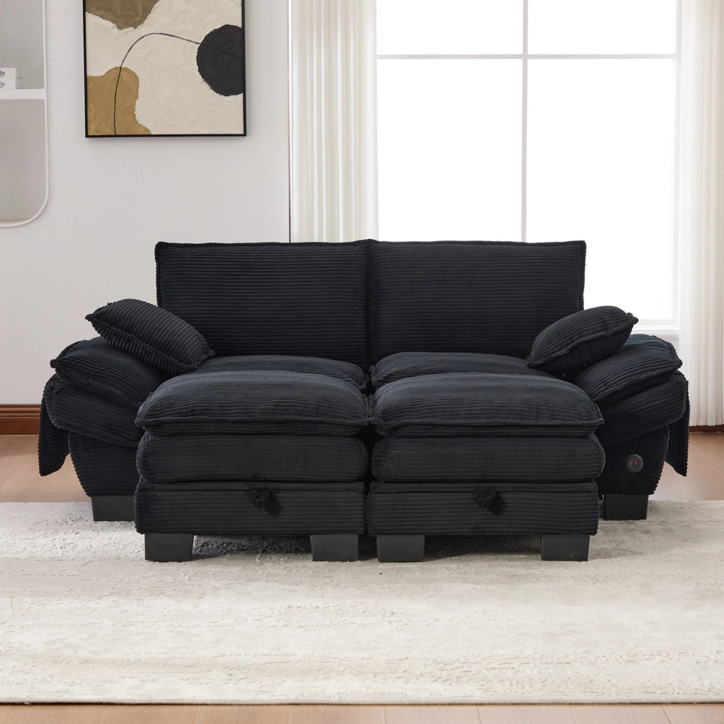 Divano modulare 2 posti con pouf; USB-C e tasche laterali; velluto a coste nero