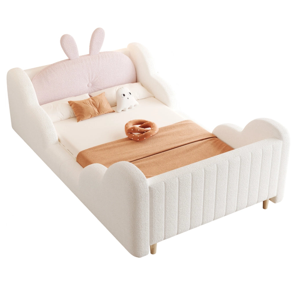 Letto per bambini 90x200 cm con cuscino coniglio in tessuto teddy bianco