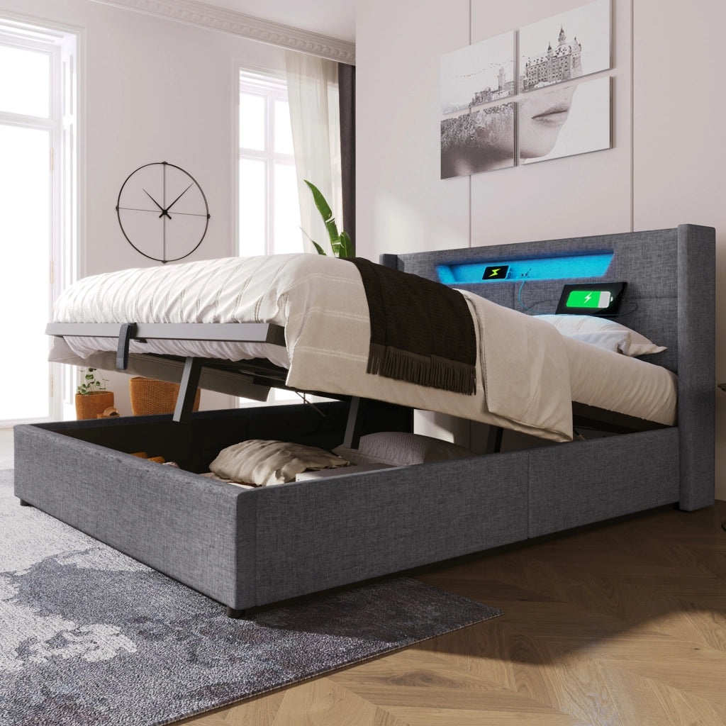 Letto con contenitore 140 × 200 cm imbottito con LED USB e Type-C rivestito in lino grigio