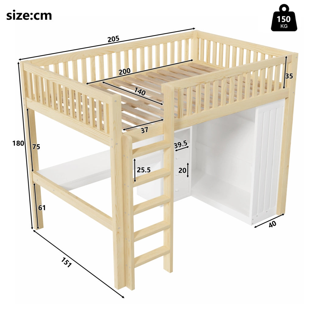 LETTO a soppalco con scrivania e armadio 140x200 cm Naturale