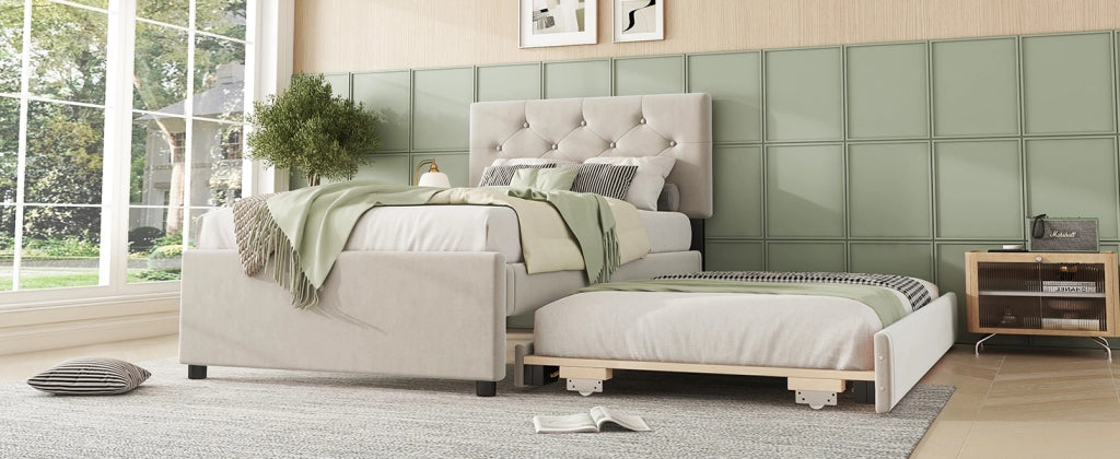 DESMIU Letto estraibile Letto singolo 90 × 200 cm 1 posto con letto aggiuntivo, senza materasso, velluto, beige