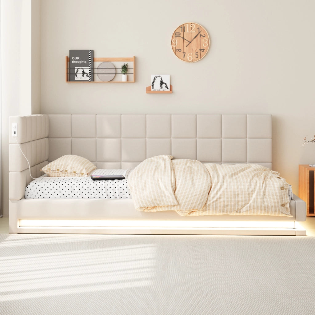 OKWISH Letto divano 90×200 cm, Letto Singolo con LED Multicolore, USB e Doghe, senza Materasso, in Tessuto Lino, Beige