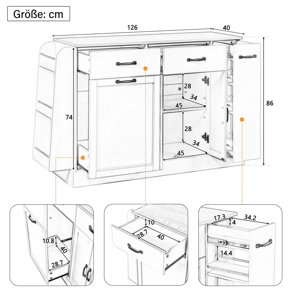 Credenza da cucina con vano pattumiera, ripiani aperti per spezie e vani contenitore, nera in MDF, 133.5 × 40 × 86 cm