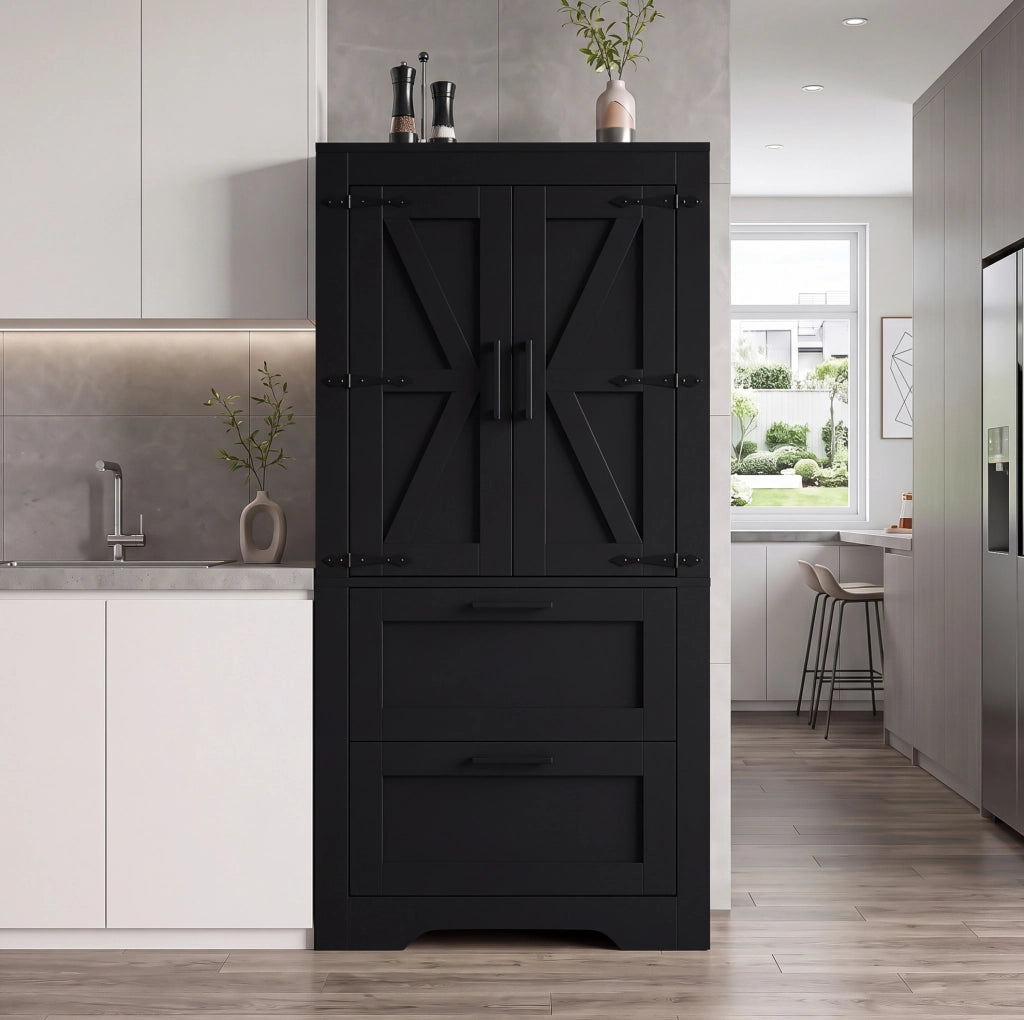 Credenza alta nera in MDF e PB con 2 cassetti e ripiani regolabili