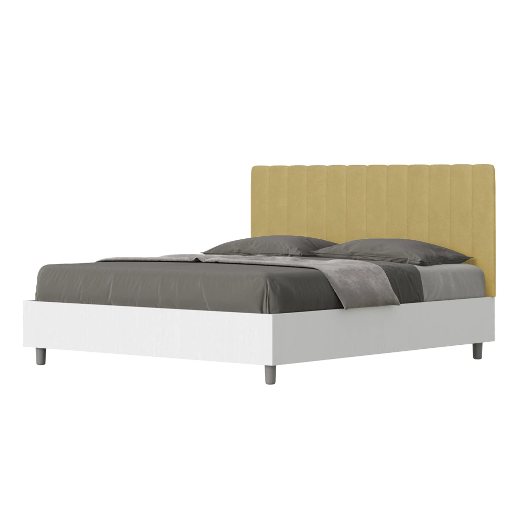 BS COM Letto matrimoniale contenitore 160x190 bianco frassino testata microfibra ocra