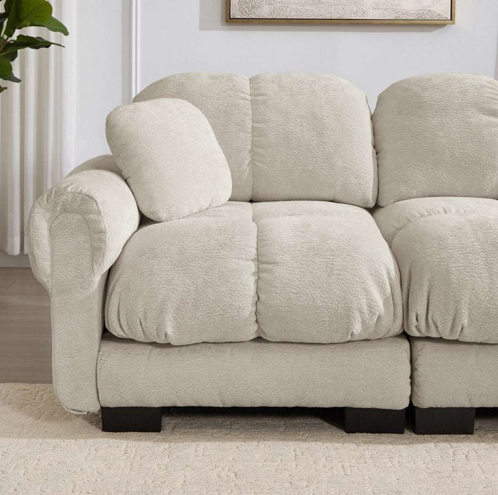 Divano angolare modulare 4 posti in tessuto chenille colore kaki chiaro, con pouf mobile e design ergonomico