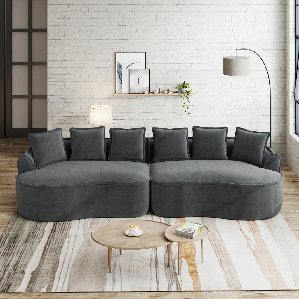 Divano con chaise longue senza telaio in tessuto di ciniglia grigio con seduta profonda e cuscini inclusi