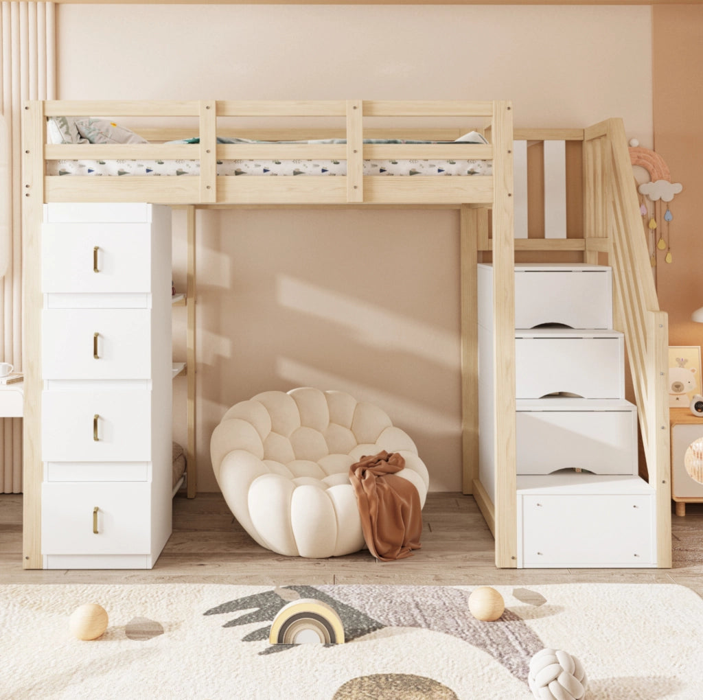 Letto a soppalco 90x200 cm con 4 cassetti e libreria; legno naturale HOMVRA