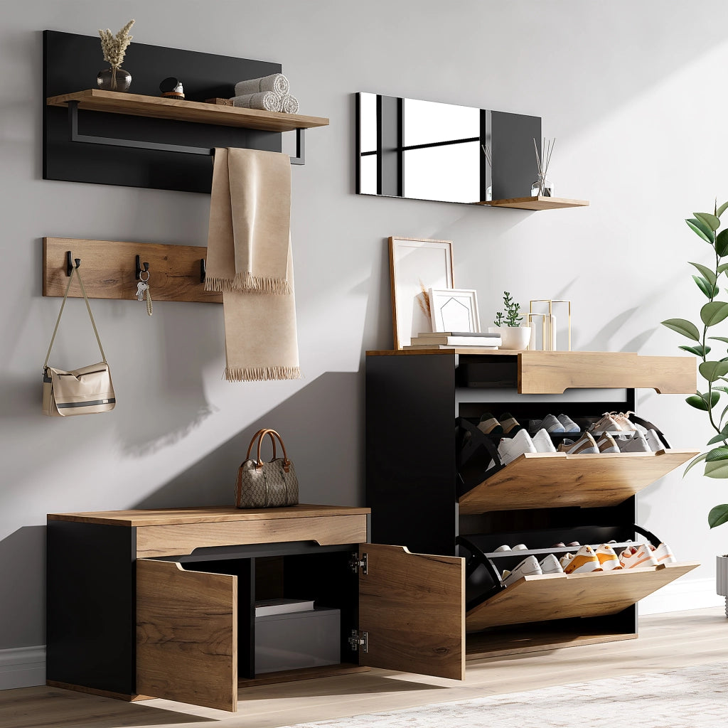 Set guardaroba con armadio, cassetto, specchio, 2 scarpiera, cappelliera e 4 ganci, scarpiera con panca, nero e legno, 156 x 36 x 176 cm