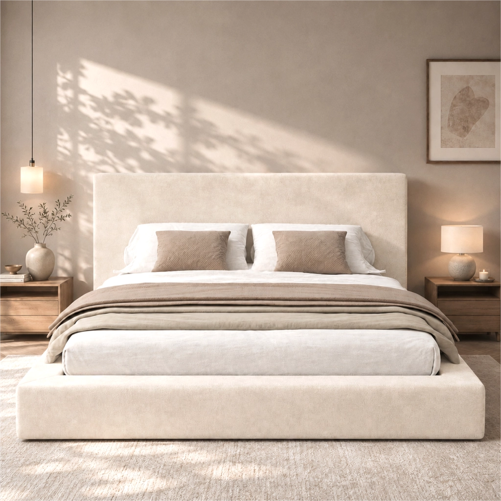 Letto matrimoniale 160 x 200 cm in ciniglia beige, letto imbottito con rete a doghe, testiera trapuntata spessa e struttura rinforzata